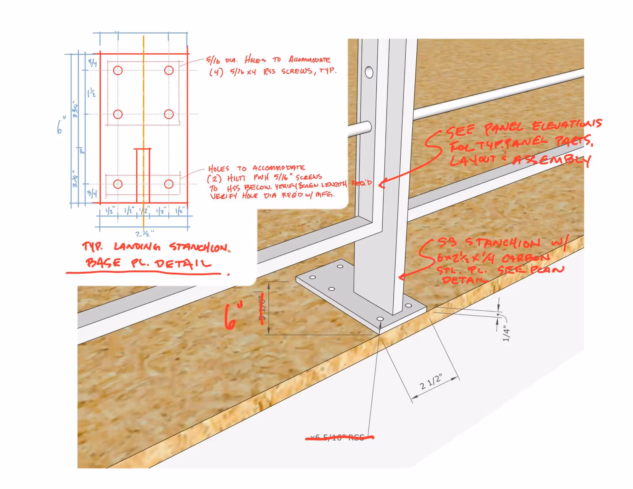 Technical drawing of steel column base plate connection with dimensional details