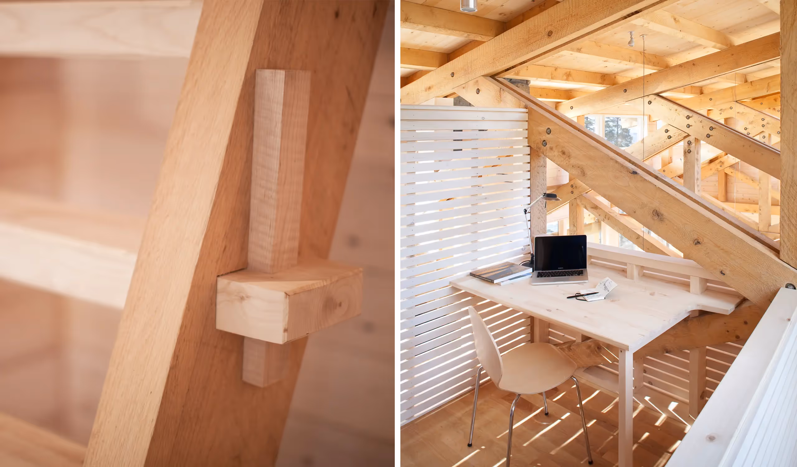 Wooden beam connection detail and minimalist home office workspace