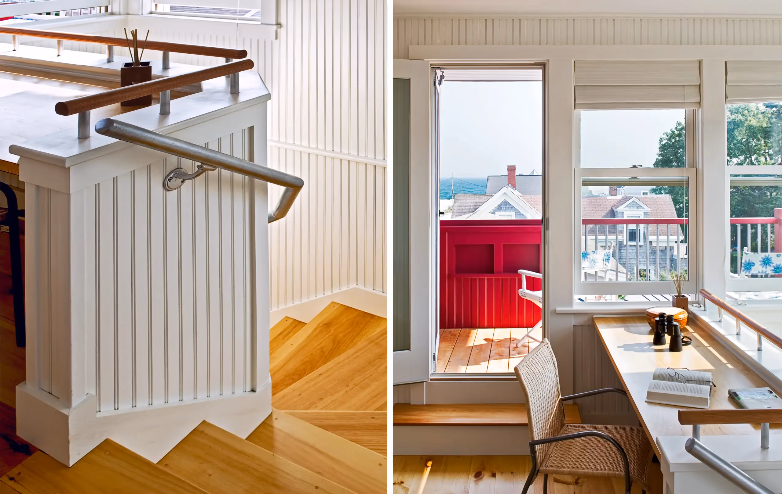 Wooden staircase and interior with red balcony overlooking coastal neighborhood
