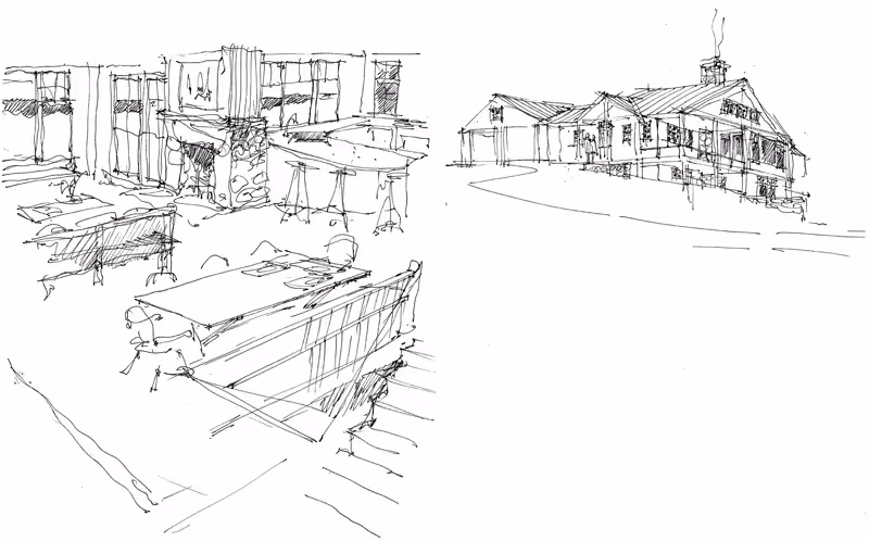 Architectural sketch of interior space and rustic cabin exterior