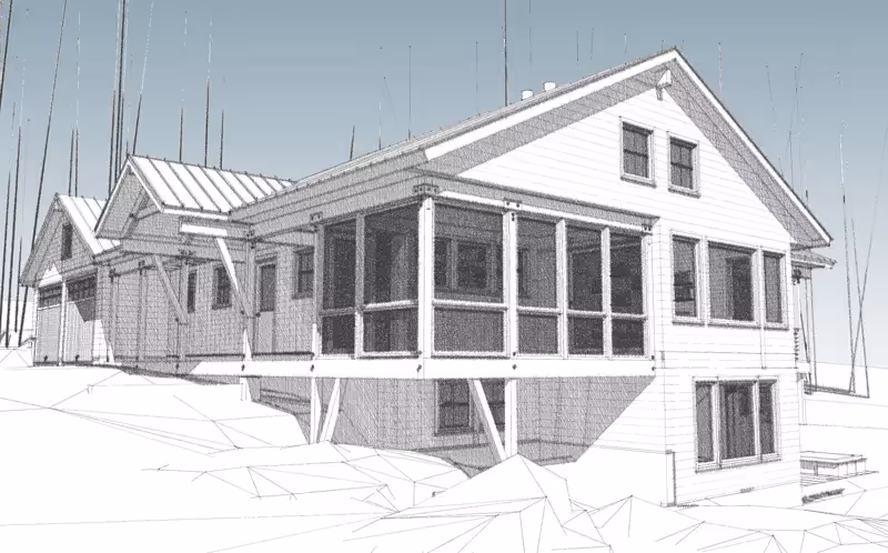 White coastal house with screened porch, elevated on stilts near rocky shore