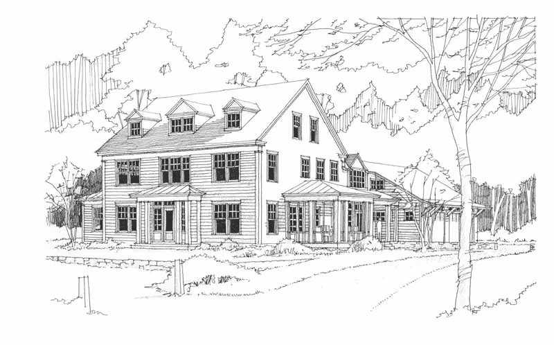 Architectural sketch of a two-story farmhouse with dormer windows surrounded by trees