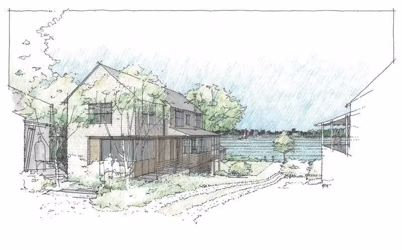 Architectural sketch of modern house with trees and water view