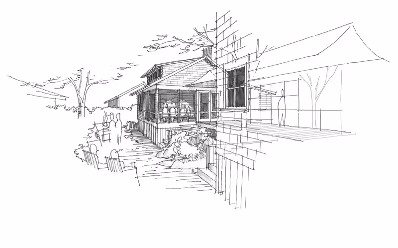 Architectural sketch of a wooden house with porch and trees
