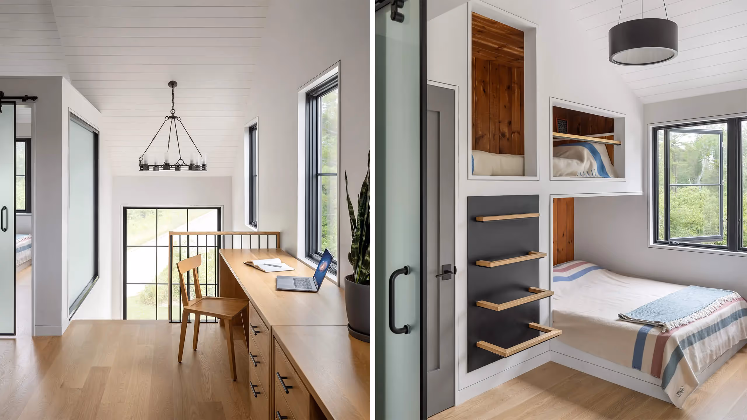 Modern home interior with workspace and compact bunk beds