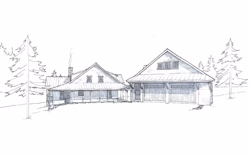 Sketch of two rustic wooden houses with metal roofs surrounded by pine trees