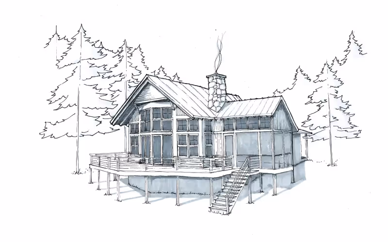 Rustic cabin with large windows on stilts, surrounded by pine trees