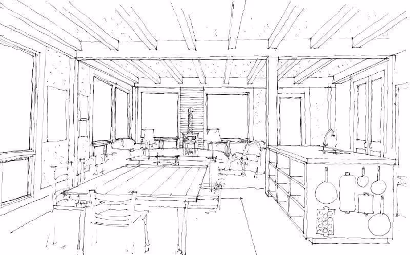 Architectural sketch of an open-concept kitchen and living room