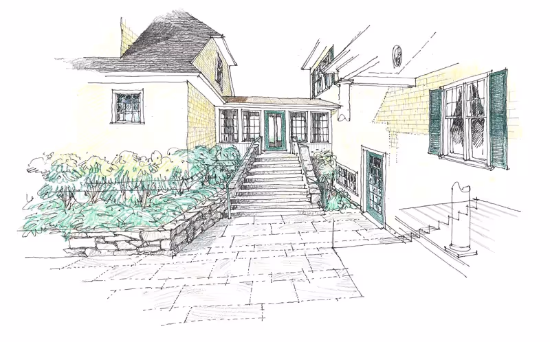 Architectural sketch of a yellow house with green shutters and stone pathway
