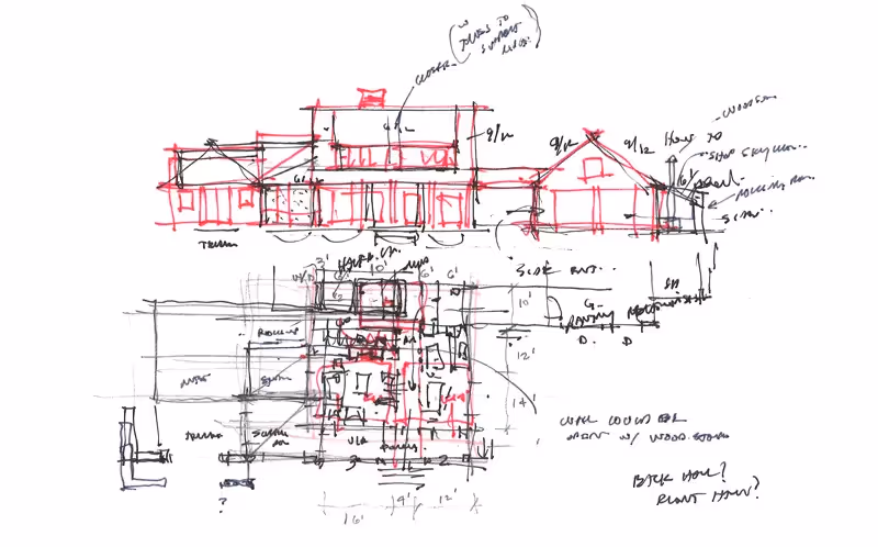 Architectural sketch with hand-drawn building plans in red and black ink