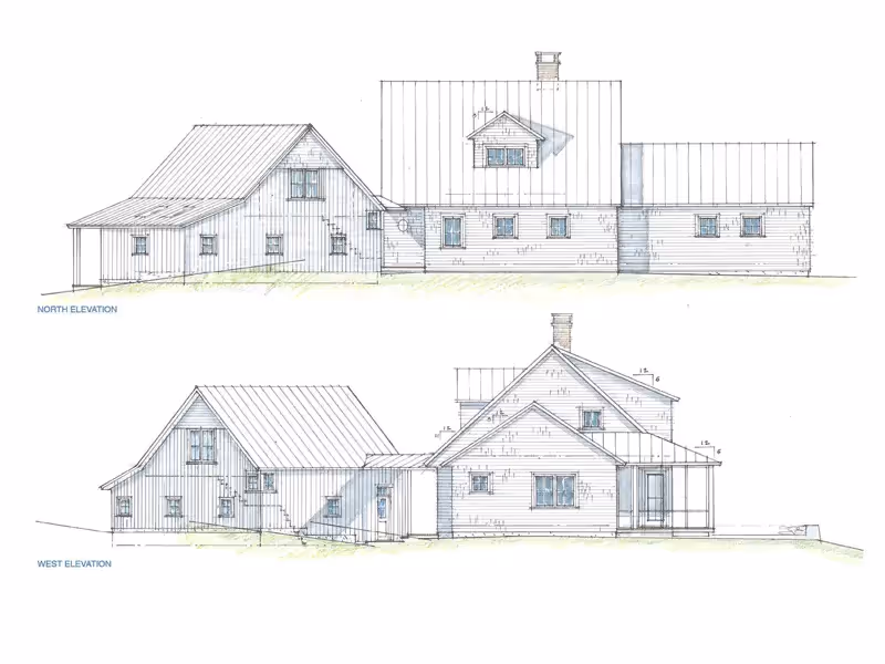 Architectural blueprint showing north and west elevations of farmhouse