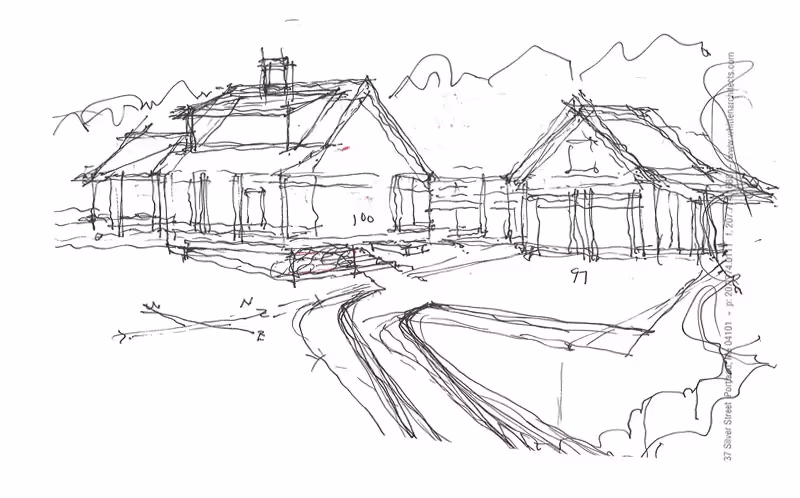 Sketch of rural houses with steep roofs near a winding road