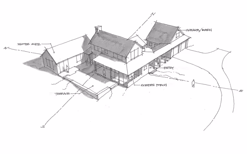 Architectural sketch of a multi-building house with labeled design elements