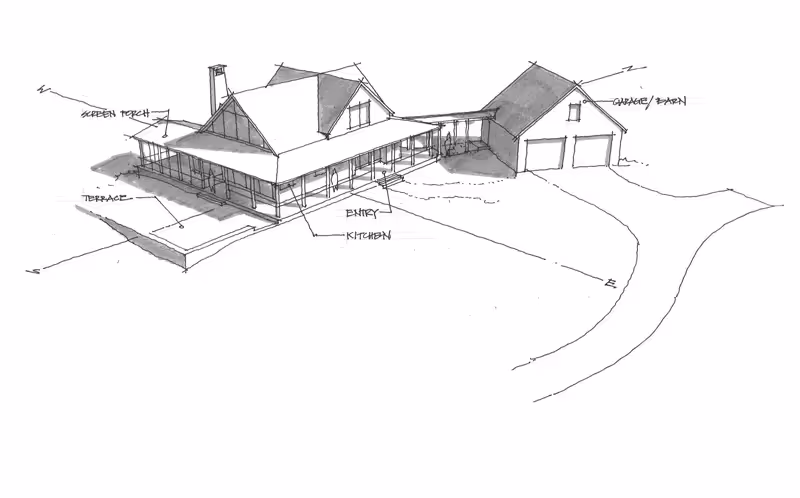 Architectural sketch of a house with attached garage and labeled spaces