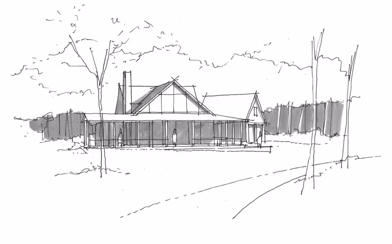 Architectural sketch of modern house with large windows surrounded by trees