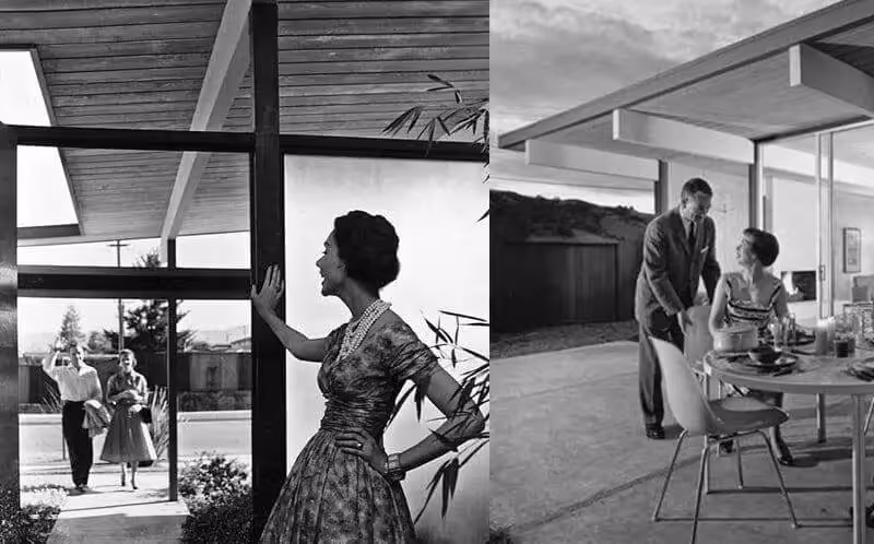 Vintage black and white scene of mid-century modern home interior