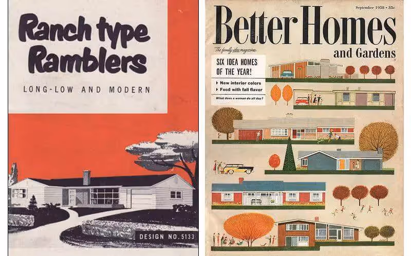 Vintage Better Homes magazine spread showcasing mid-century ranch style houses