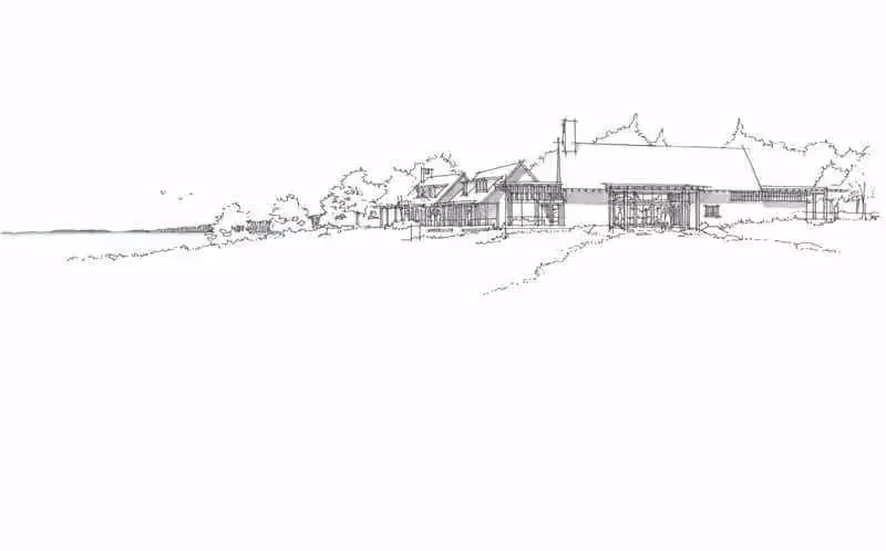 Sketch of coastal buildings with trees and shoreline in background