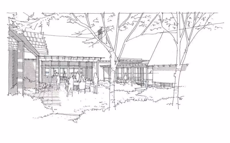 Architectural sketch of modern buildings with trees and people