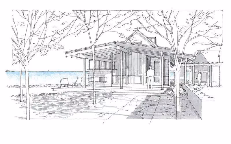 Coastal beach house sketch with trees and minimalist architectural design
