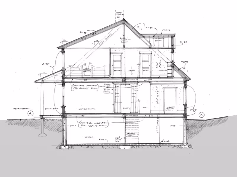 Architectural cross-section drawing of a multi-level house with detailed measurements