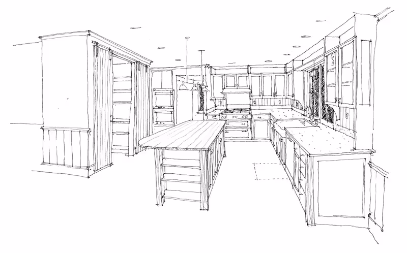 Hand-drawn architectural sketch of a spacious kitchen with island