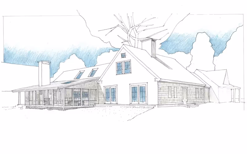Architectural sketch of a white farmhouse with porch and large tree