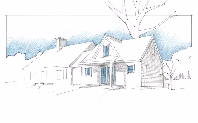 Architectural sketch of a cottage-style house with blue-tinted shading
