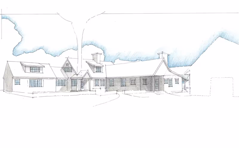 Architectural sketch of a sprawling ranch-style house with multiple gabled sections