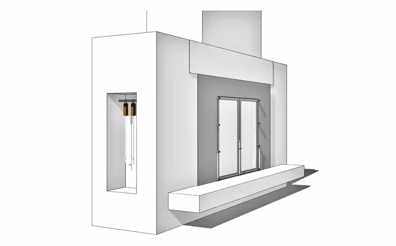 Architectural sketch of a minimalist building with double doors and windows