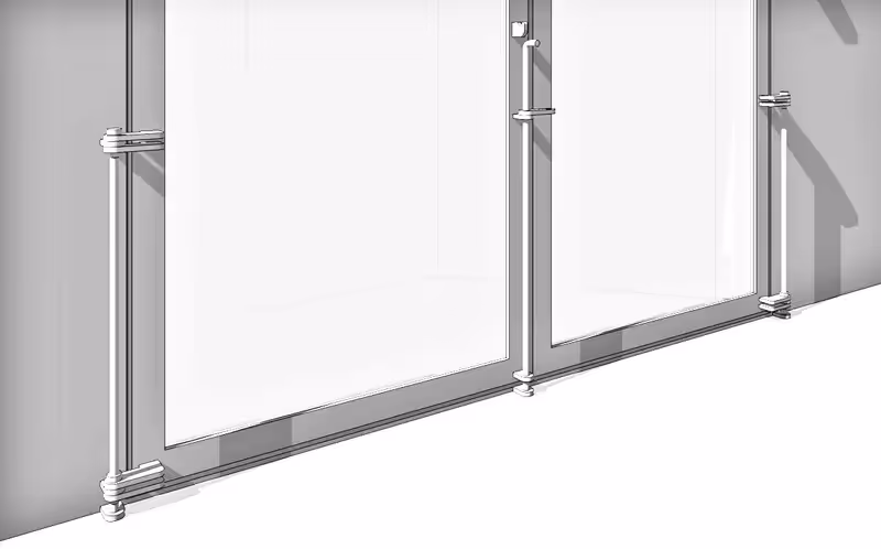 Architectural sketch of glass windows with metal frame supports