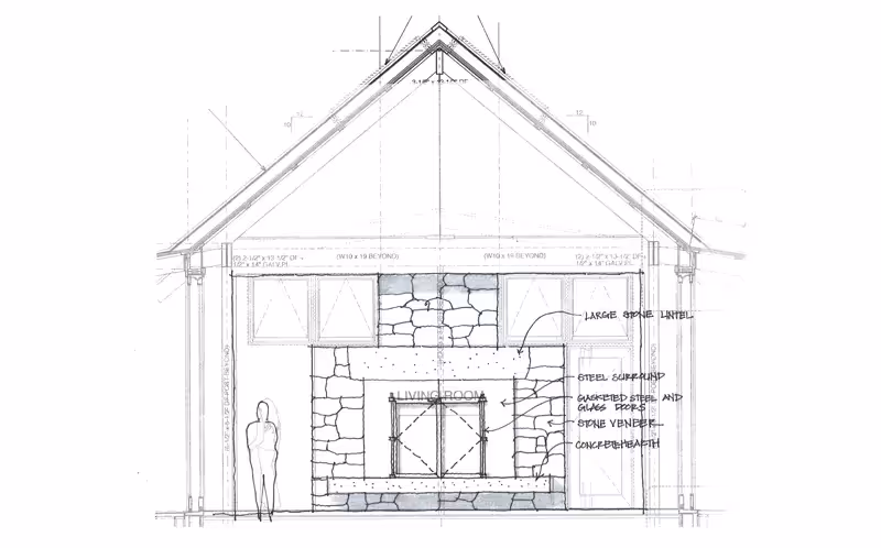 Architectural cross-section sketch of a stone and wood house design