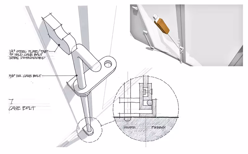 Technical engineering sketch of a cane bolt with detailed mechanical diagrams