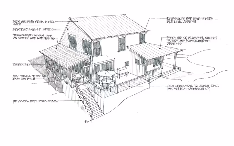 Architectural sketch of a multi-level house with detailed construction notes