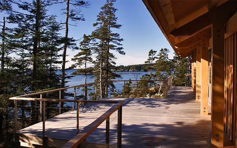 Wooden deck overlooking serene lake through pine trees on sunny day