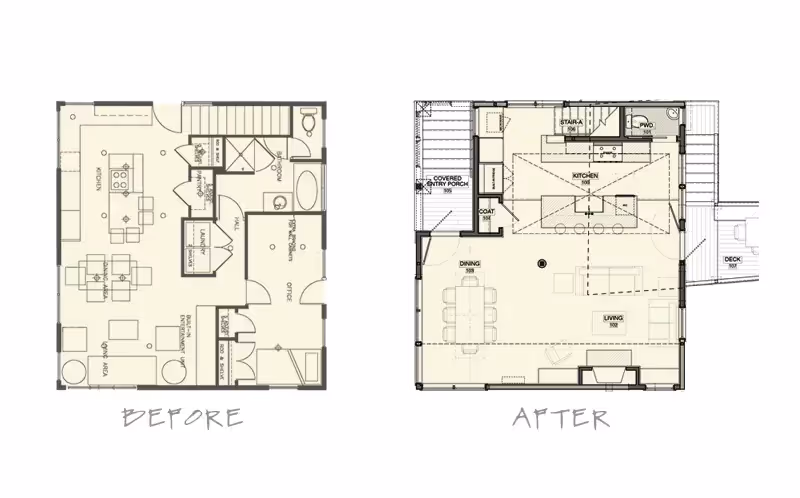 Floor plan comparison showing home renovation before and after redesign