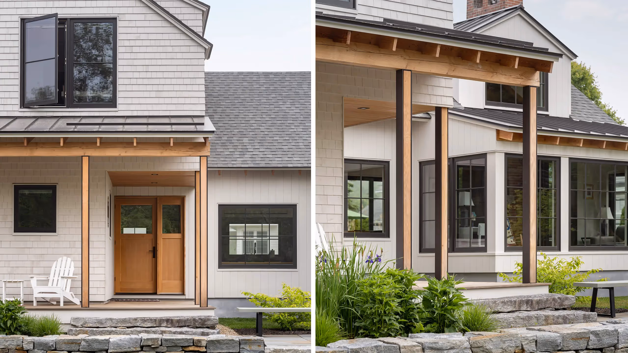 Modern farmhouse exterior with wooden columns and shingle siding