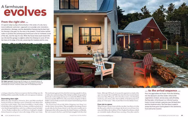 Farmhouse with Adirondack chairs and cozy fire pit at dusk