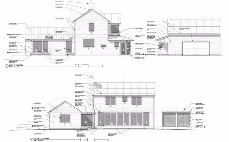 Architectural blueprint showing east and south elevations of a residential house