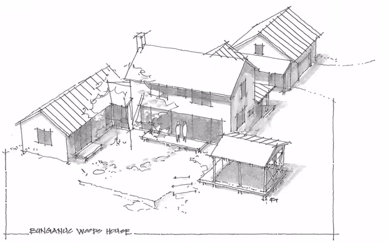 Architectural sketch of traditional wooden house with multiple connected structures