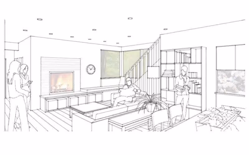 Architectural sketch of modern living room with fireplace and people