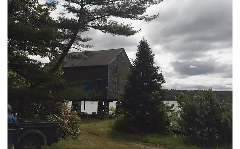 Old wooden house near lake with pine trees under cloudy sky