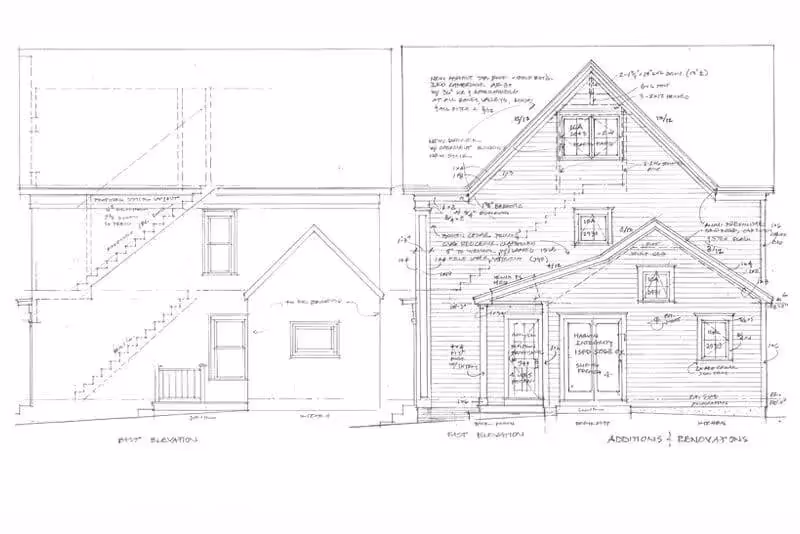 Architectural elevation drawing of a two-story house with detailed measurements