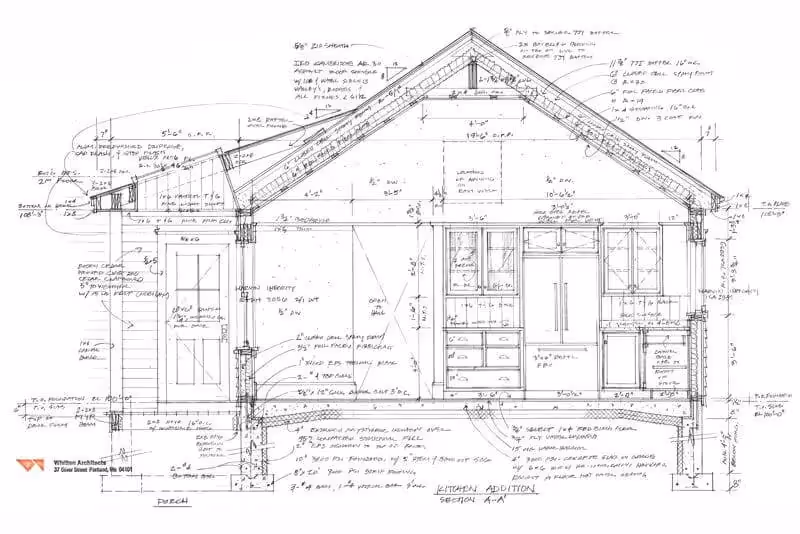 Architectural cross-section blueprint of a house with detailed structural measurements