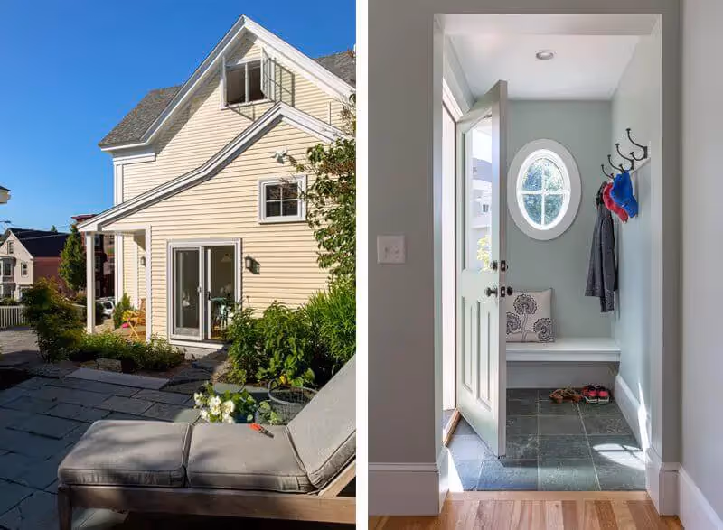 Yellow house exterior with garden and cozy entryway with circular window