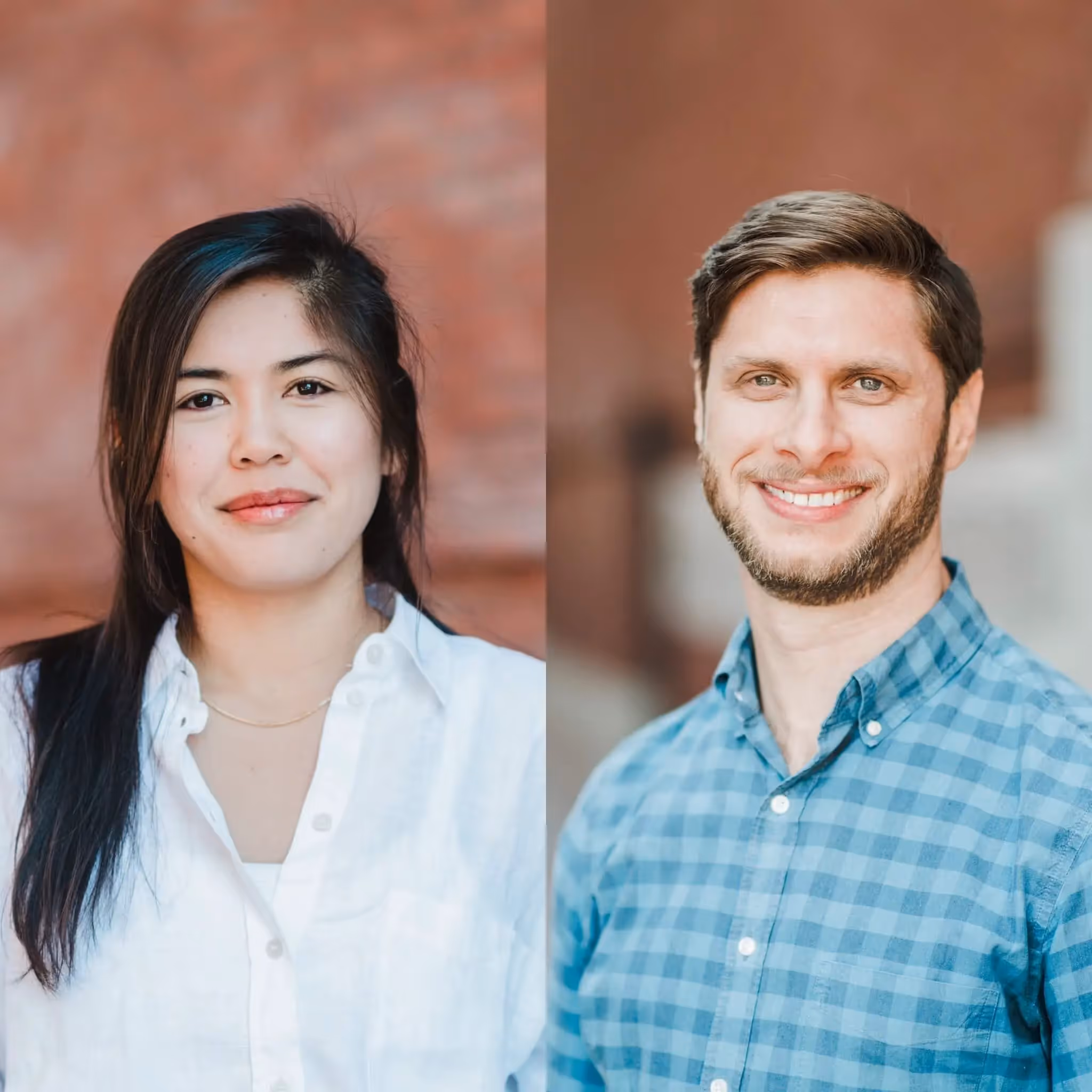 Two professionals smiling, wearing white and blue button-down shirts