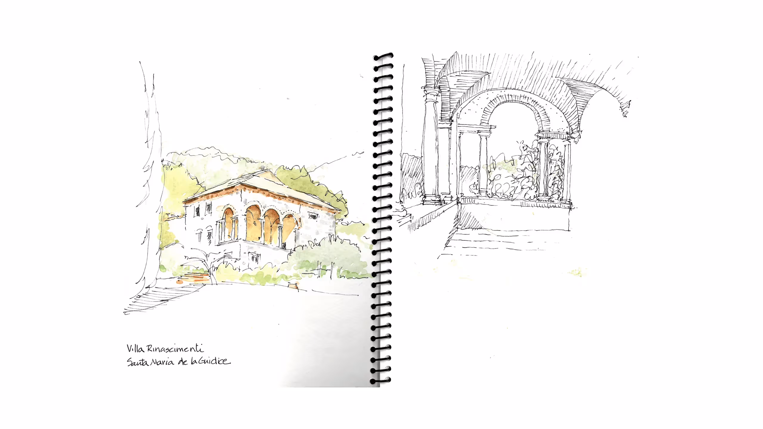 Architectural sketch of Villa Rinascimenti with arched buildings and trees