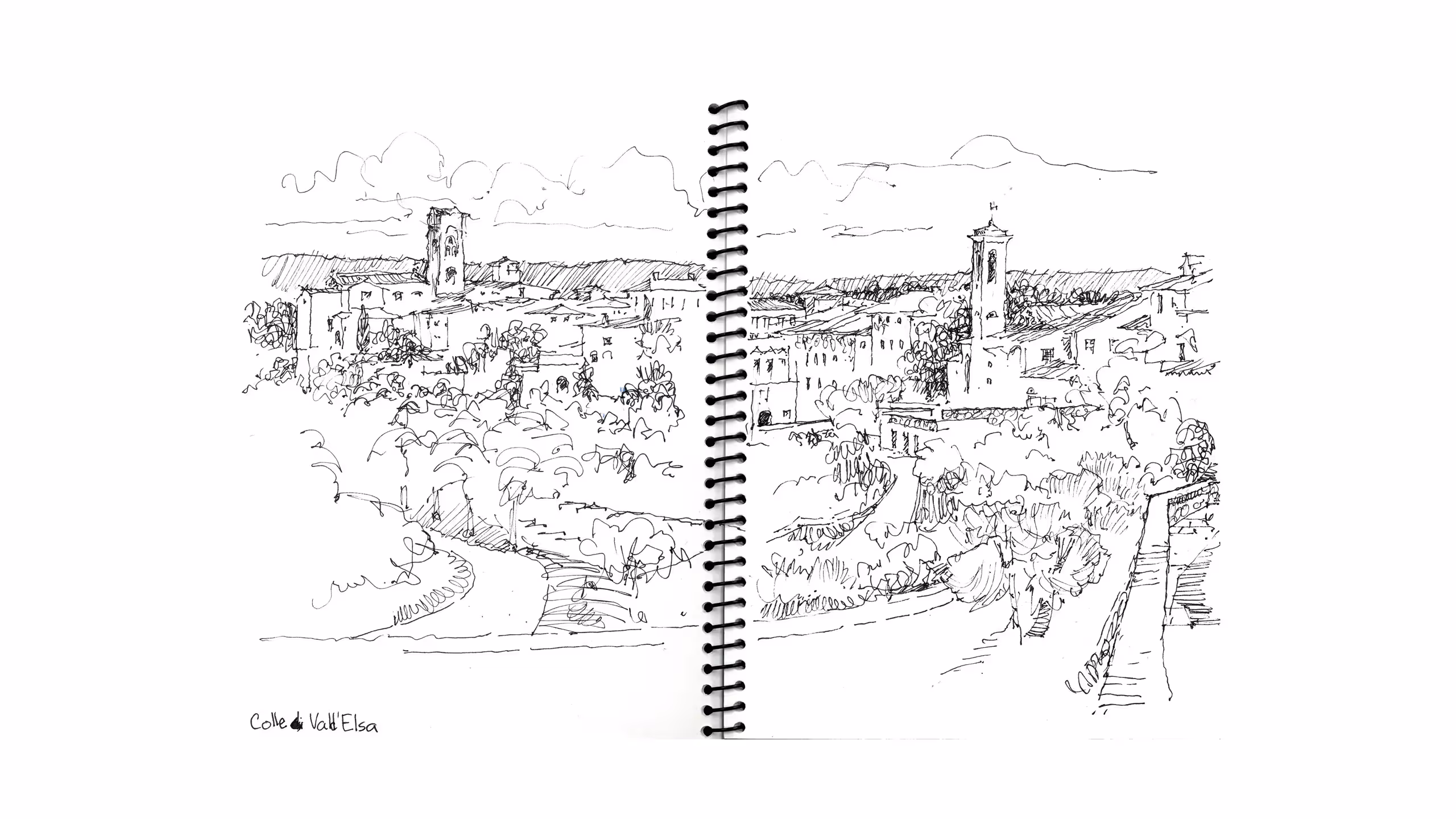 Sketch of an Italian hillside village with winding roads and stone buildings