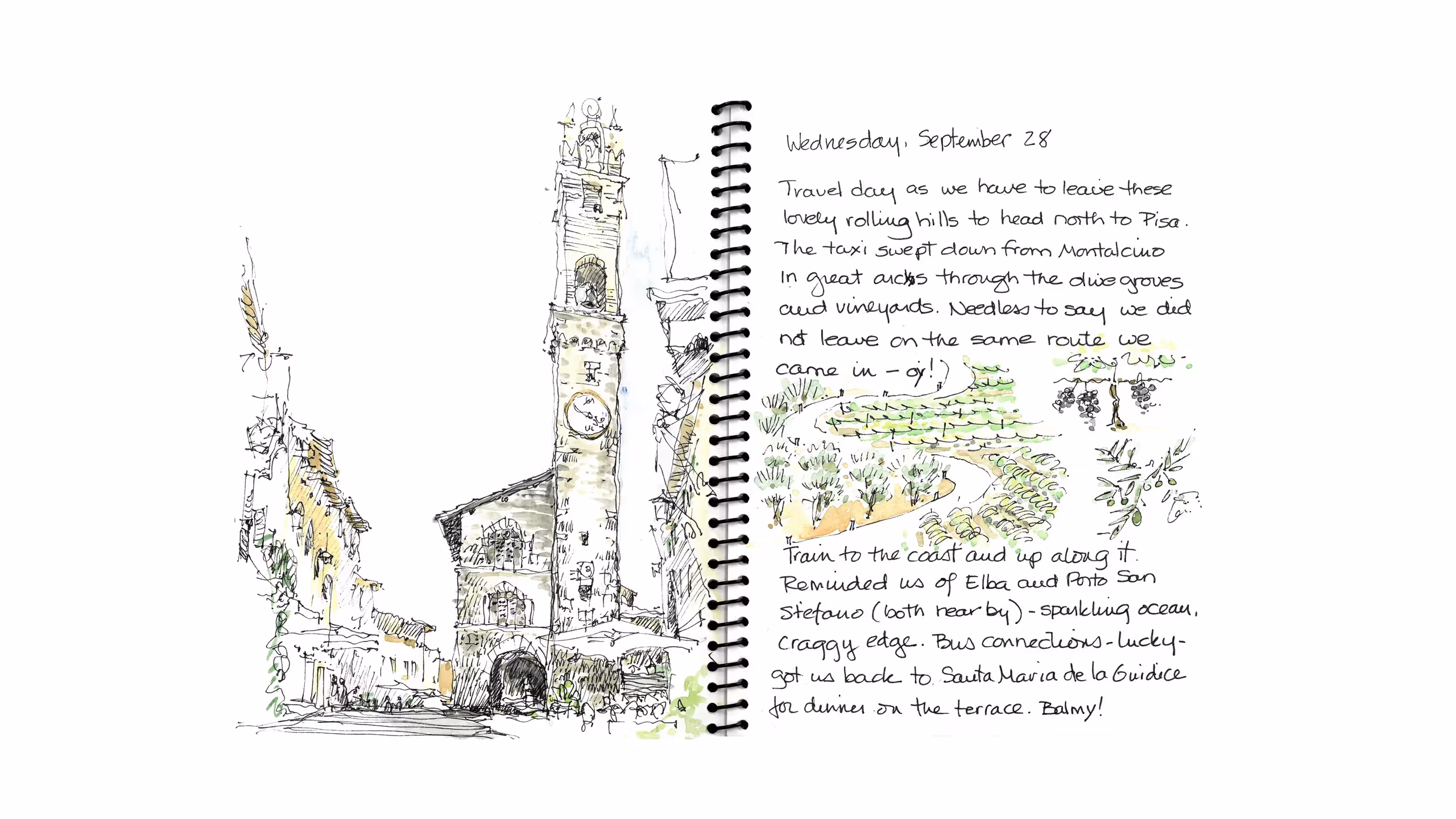 Travel journal sketch of Italian village with clock tower and vineyards