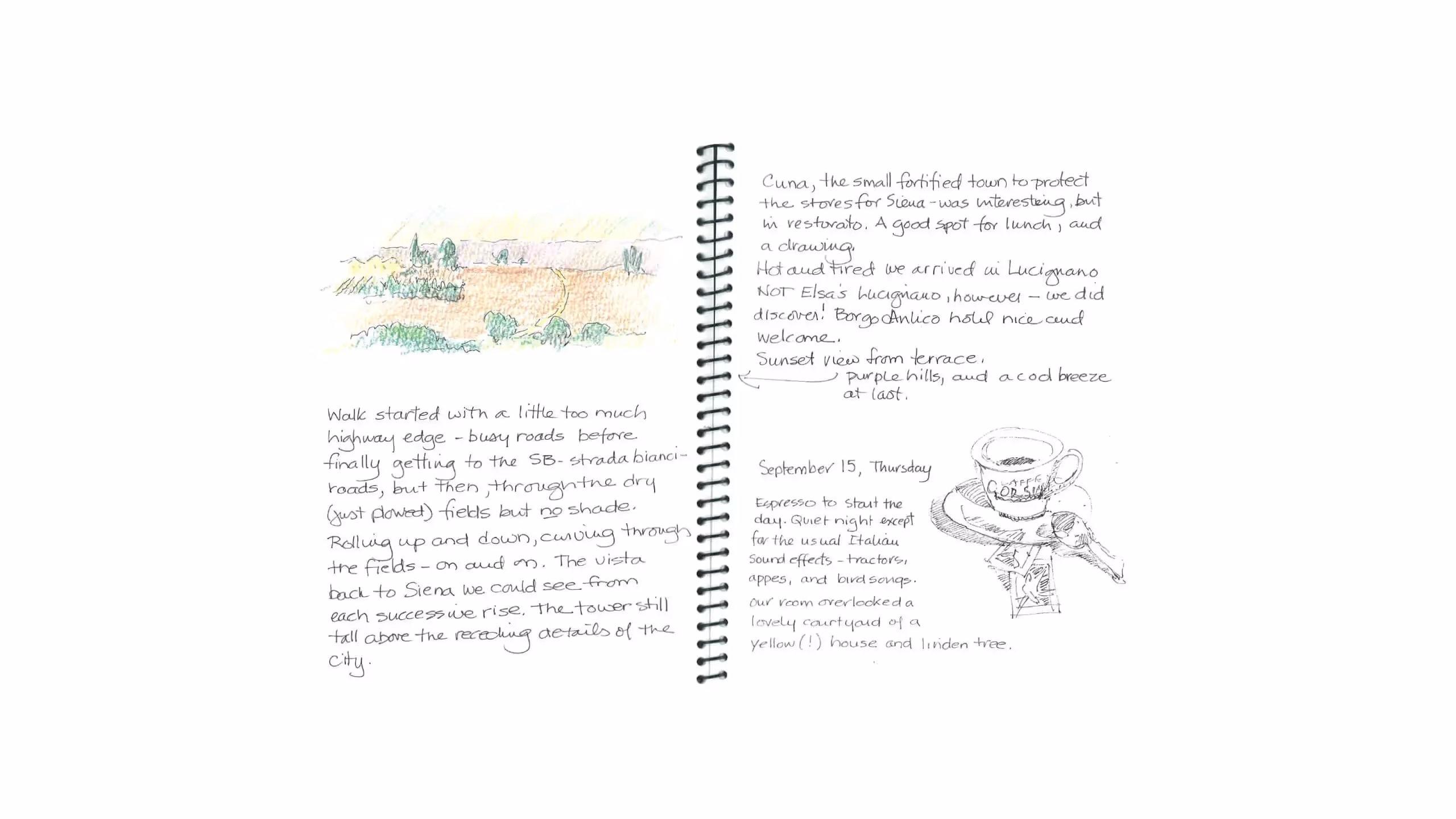 Travel journal page with watercolor landscape sketch and handwritten notes